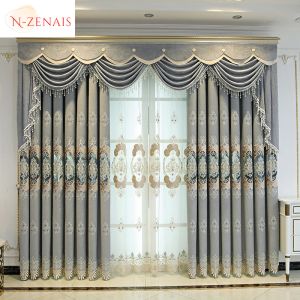 Curtains European Embroidered Grey Hollow Luxury Curtains for Living Room Bedroom Dining Villa Partition Blackout Tulle Valance Window