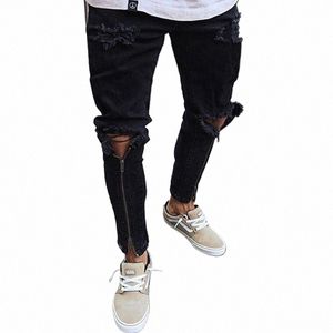 mens Cool Designer Brand Black Jeans Skinny Ripped Destroyed Stretch Slim Fit Hop Hop Pants With Holes For Men S-3XL B8Rf#