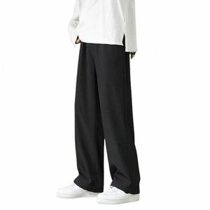 men Summer Pants Ice Silk Elastic Waist Men Trousers Solid Color Drawstring Wide Leg Full Length Loose Trousers Male Clothes G1SN#