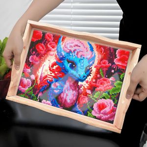 Stitch Diamond Painting Decorative Trays with Handle Rectangular Wooden Tray Nesting Food Trays Dinner Organizer Tray for Serving Food
