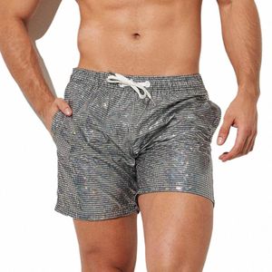 metallic Print Beach Pants Shiny Drawstring Track Pants Sequin Men's Gym Shorts Elastic Waist Quick Dry Breathable for Jogging X45d#