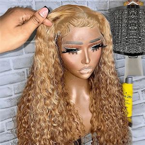 Spetsstängning peruk honung brun blondin färgad kinky lockigt mänskligt hår peruker för kvinnor för plucked clearance försäljning lägsta pris