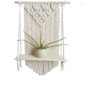 Piatti decorativi Fatti a mano Nappa Macrame Mensola appesa a parete Boho Corda di cotone intrecciata Arazzo Gancio per piante Decorazione galleggiante in legno