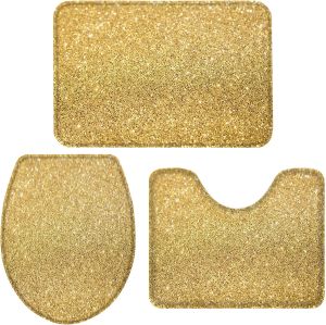 Mattor 3 -bitar badmattor set guld glitz paljetter toalettuppsättningar badmatta vatten absorberande inbyggd kontur toalettmatta toalettlock lock