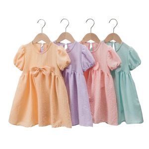 Summer Kids Girls Bow Dress Puff Sleeve Macaron Color Children Princess Dresses Clothes M4146 ZZ