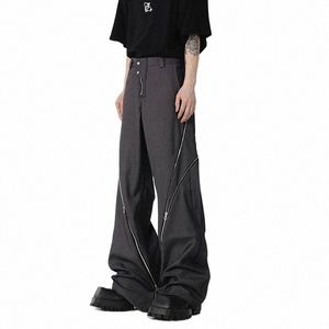 iefb Niche Design Zipper Slit Men Trousers Straight Tube Casual Pants 2023 Wide Leg Darkwear Solid Color Male Fi 9A5414 t4dy#