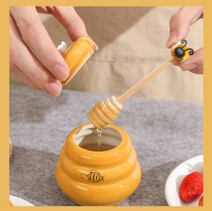 Jars Honey Pot Ceramic Beehive And Wooden Dipper Honey Jar With Lid Honey Stir Bar For Honey Jar Supplies Kitchen Accessories