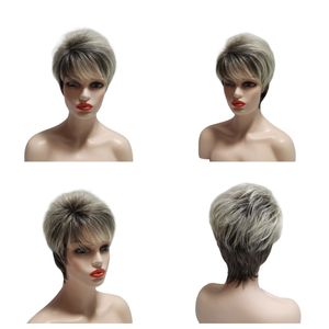 Short Gray Fluffy Wig Dark Roots for White Black Women Synthetic High Heat Fiber Knots Glueless wig wig grip cap