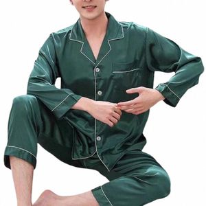 Neue elegante Satin-Männer-Pyjama-Sets LG Butt Nachtwäsche Männlich Slee Startseite Kleidung Seide Nacht Wear Pijama Big Size Loungewear H4yw #