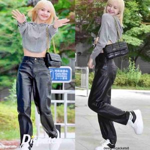 Designer Leather pants for women's straight leg slimming casual pants soft PU leather personalized wide straight leg jeans for children in autumn and winter DXXV