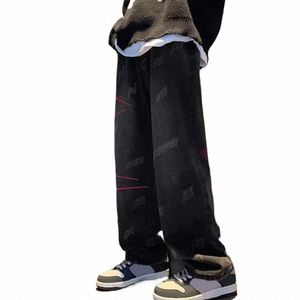 Erkekler düz geniş bacak kot pantolon retro tarzı orta katlı fermuar popo sinek denim pantolon cepleri tasarım hip hop lg pantolon c9f1#