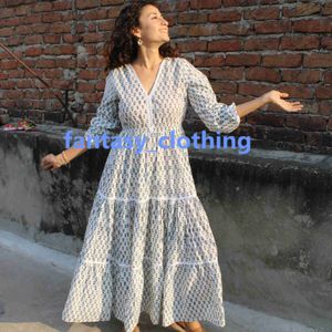 Indisk bomullsblocktryck lång maxi klänning avslappnad sommar slitage kvinna lång klänning strandklänningar
