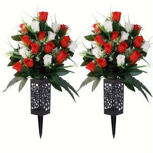 2 unidades / conjunto de flores artificiais, rosas para decorações de túmulos ao ar livre, lindo buquê de arranjos com vaso de cemitério, cores duradouras e sem sangramento (branco + vermelho)