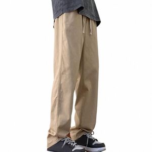Erkekler kargo pantolon elastik çizim bel çalışması kalın bol pantolon cepleri düz geniş bacak pantolonları sokak kıyafetleri w6cf#