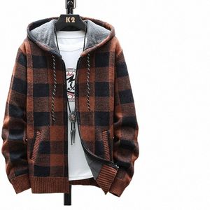 men's New Winter Plaid Sweater Hooded Cardigan Cold Coat Wool Zipper Jacket Autumn Fleece Warm Clothes Checkered Knit Jumper e8Bx#