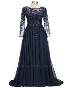 2022 Navy Blue Sheer långa ärmar Chiffon Mother of the Bride Dresses Pärlade stenar Golvlängd Formell fest Kvällsklänningar BA912558975