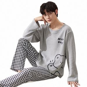 2024 Herrpyjamas lg-ärmbyxor Pyjamas Tvådelar Spring Autumn Cott Loose Sleepwear Pijamas Boy Casual Home Clothes K7af#