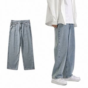 koreanska fi-mäns baggy jeans klassisk all-match fast färg rak ben denim bredben byxor manlig ljus blå grå svart a2tv#