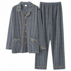Autumn LG Sleeve Pyjamas uppsättning för män plus storlek Sovkläder 100% Cott Pyjama för Boy Plaid Loose Style för Gentleman 62E7#