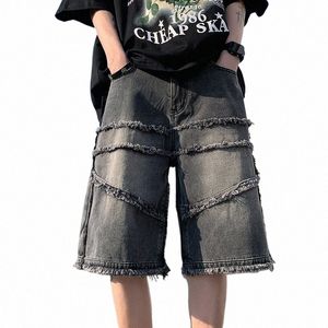 american High Street Men's Wide Leg Denim Shorts Summer 2023 New Fi Casual Baggy Short Jeans Male Chic Burrs Clothes x6Sb#