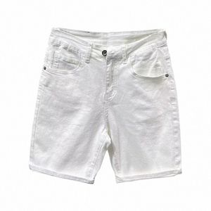 Pantaloncini di jeans bianchi Ruffian elasticizzati casual da uomo estivi Pantaloni corti capris bianchi dritti a gamba larga 78LR #
