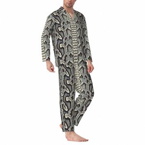 Cinza Snakeskin Pijama Mens Animal Print Lovely Room Pijamas Outono 2 Peças Soltas Oversized Impresso Conjuntos de Pijama a9mn #