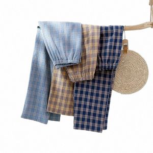 Summer Thin Cott Men's Pajama Pants na wiosnę i jesienne upijanie w kratę Plaid Design Lose Air CDITied Home Pant