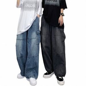 men's Jeans Women Wide Leg Denim Cargo Pants Loose Straight Baggy Large Pocket Trousers Hip Hop Streetwear Male Clothing T9p7#