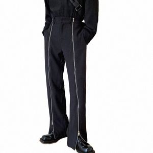 IEFB Korean Zipper Design Trendy Men'sストレートパンツ2023 New Slim Fit Mid-Waist Lg Pants Chic Black Oumpers 9A1152 53QG＃