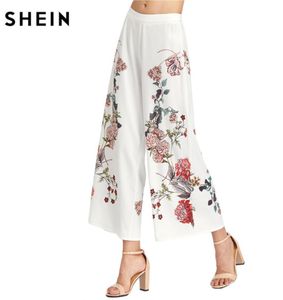 SHEIN Women White Botanical Print Zip Side Wide Leg Pants Ladies Summer Zipper Fly Mid Waist Floral Elegant Long Trousers4550644