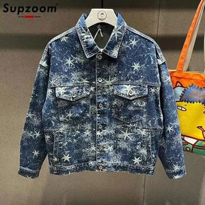 Supzoom Ankunft Top Mode Männer Casual Denim Jeans Einreiher Baumwolle Druck Drehen-unten Kragen Kurze Bomber Jacke 240319