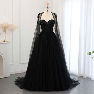Said Tulle Sharon Elegant Black Gothic Evening Dresses Saudi Arabia Women 2024 Dubai Cape Sleeves Formal Party Gown Ss394