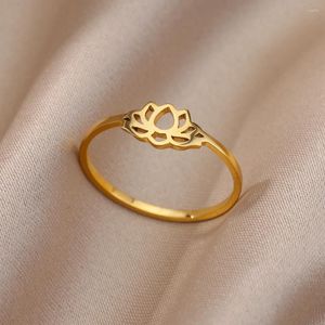 Cluster Rings Lotus For Women Gold Color Stainless Steel Ring Vintage Lucky Plant Aesthetic Jewerly Couple Wedding Gift Anillos Mujer