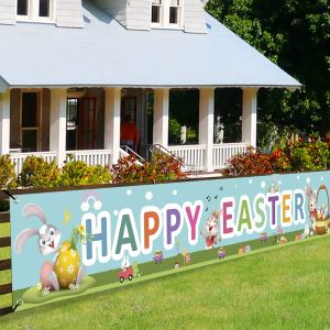 Tillbehör Happy Easter Banners Välkommen våren Easter tema Party Banners Lawn Sign Backdrop Rabbit Banner för inomhus utomhus påskfest