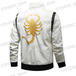 Erkekler Deri Sahte Deri Erkek Motosiklet Biker Deri Ceketler Scorpion Nakış Pu Coat Bahar Sonbahar Moda Stand Yakası Deri Ceket T240326