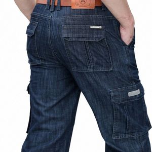 mens Jeans Cargo Denim Pants Regular Loose Fit Multi Pockets Classic Wed Military Wear Big Size 38 40 42 V7A1J012 p82k#
