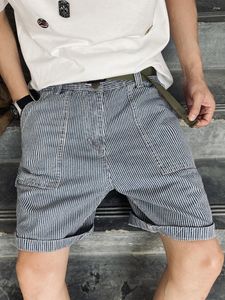 Shorts masculino listrado padrão denim verão bainha com punhos grandes bolsos soltos casual na altura do joelho calças curtas masculinas