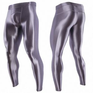 Glossy Satin Men Leggings High midja Smooth Male Man Pants Sports Tights snabbtorkande utomhus Fitn Gym Leggings Byxor S3IB#