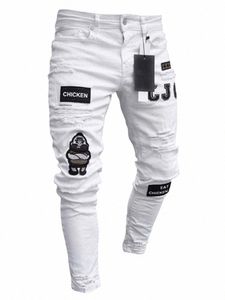 Мужские эластичные рваные узкие джинсы с вышивкой Мужские белые брюки с разрушенными отверстиями Slim Fit Denim Высококачественные мужские брюки в стиле хип-хоп c9jK#