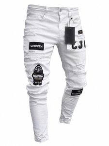 mens Stretchy Ripped Skinny Embroidered Jeans Men's White Pants Destroyed Hole Slim Fit Denim High Quality Hip Hop Men trousers c9jK#