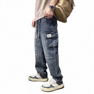 street Fi Men Jeans Loose Fit Retro Blue Big Pocket Designer Denim Harem Jeans Men Straight Trousers Hip Hop Wide Leg Pants 03iR#