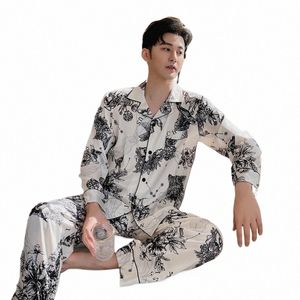 men's Pajamas Set Cardigan Turn-down Collar Lg Sleeve Trousers Sleepwear Leisure Pyjama Summer Ice Silk Slee Top Home Wear n4as#