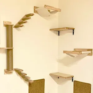 Arranhadores para gatos, árvore de atividade para gatos, prateleiras de madeira montadas na parede com degraus, escada e plataforma de salto, móveis para gatos de estimação, escalada