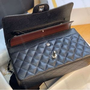 Borsa a doppia patta trapuntata classica di qualità a specchio 10A Borsa da 25 cm media di livello superiore in vera pelle Borse in pelle di agnello caviale Borse nere Borsa a tracolla con catena 1128ess