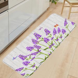 Mats Purple Lavender Floral Kitchen Mat Bath Mat Wood Grain Background Butterfly Daisy Flower Nonslip Doormat Home Decor Floor Rug