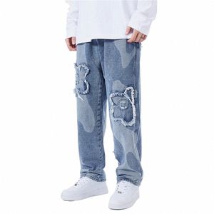 y2k Men's Jeans European and American High Street Biker Denim Cross Embroidery Hip-hop Straight Loose Wide-leg Pants 91Jg#