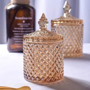 Boxes Amber Crystal Glass Storage Jar Lids 600ML Candy Jar Glass Container Cookie Jar Cotton Swab Box Cotton Household Decoration