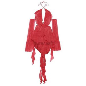 Costumi da bagno da donna OMSJ Vacanza Sexy Hot Girl Rosso affascinante cinturino vestito 2023 Autunno spalla fiamma manica increspato moda irregolare mini abito 240326