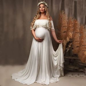 Slash Neck Boho Maternity Po Shoot Long Dresses Jersey Ruffles Lace Pography Maxi Gown 240321