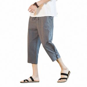 2023 Summer New Men's Striped Cott and Linen Korean Style Loose Casual Buckle Cropped Pants Seven Point Straight Trousers i5jY#